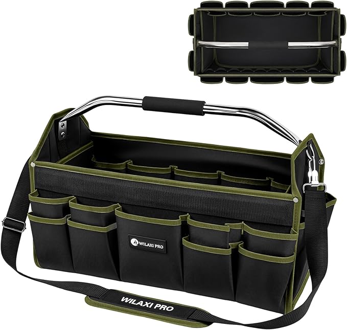 20in Foldable Open Top Tool Bags For Men Heavy Duty, Tool Carrier hard With Handle, Wide Mouth Electrician Tool Tote, Many Pockets Can Hold Many Tool, Green