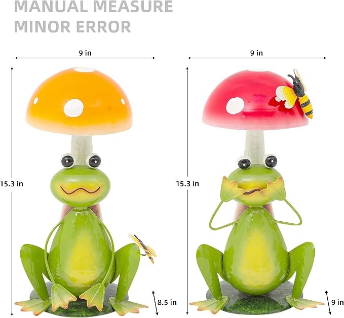 15.3" Large Frog Decor Set of 2, Handcrafted 3D Lifelike Metal Frog with Mushroom Sculpture, Outdoor Yard Art for Garden, Lawn & Home, Ideal Gift for Friends for Birthday Day & Housewarming
