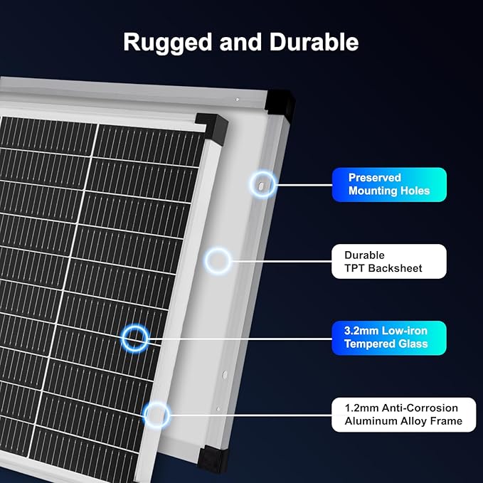 Solar Panels N-Type 16BB 50W Solar Panel, 50 Watt Solar Panel 18V A+ Monocrystalline Cell 25% High Efficiency, for RV Van Marine Home Rooftop Off-Grid Systems (22.8" x 20.3", Single Silver)