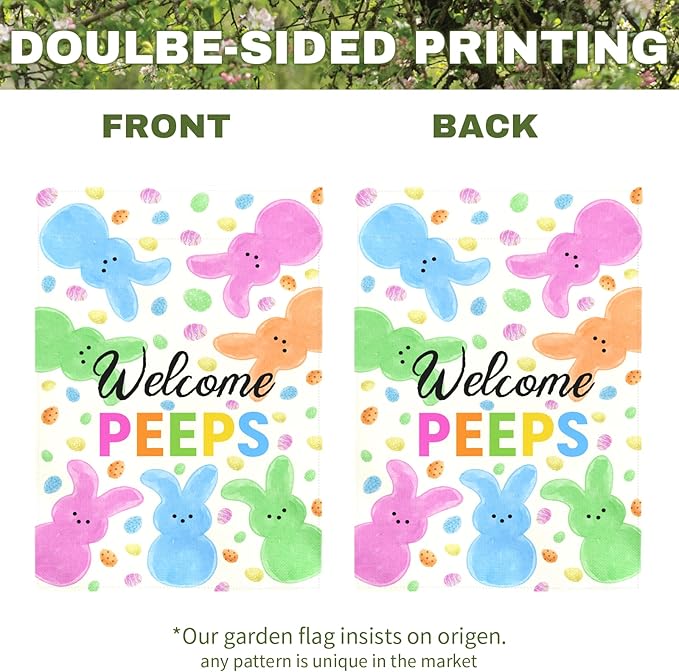Welcome Peeps Easter Garden Flag for Outdoor Spring Cute Bunny Egg Pattern Double Sided Yard Banner Holiday Welcome Rabbit Flags Waterproof Seasonal Home Hare Decor for Porch Lawn 12x18 Inch