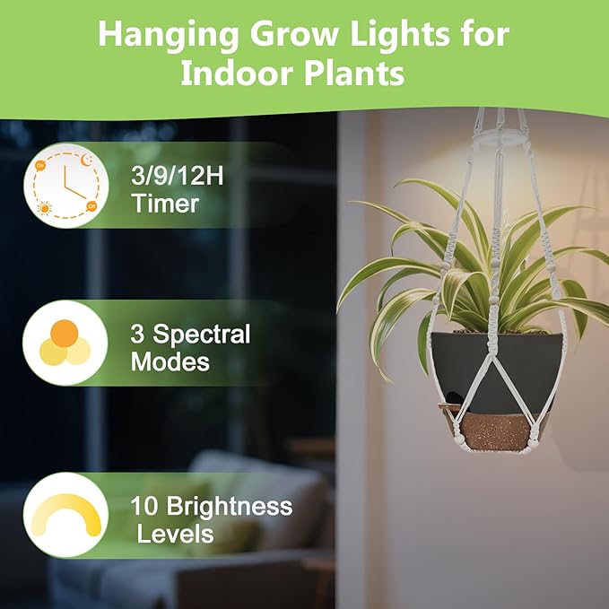 Hanging Planters for Indoor Plants: 2 Pack Macrame Plant Hangers with Grow Lights and Self-Watering Pots, Large Hanging Pots with Drainage Holes & Removable Tray（10in Black Pot, Daylight Spectrum）