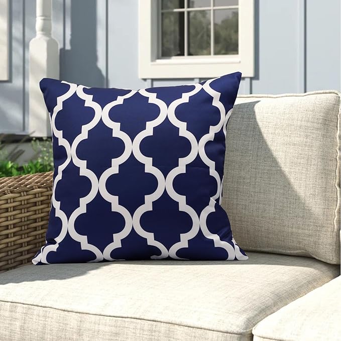 Pack of 2 Outdoor Waterproof Throw Pillow Covers 18x18 Navy Blue and White Throw Pillow Covers Outdoor Pillows Covers for Patio Furniture Garden Balcony Sunbrella Outside(No Pillow Insert)