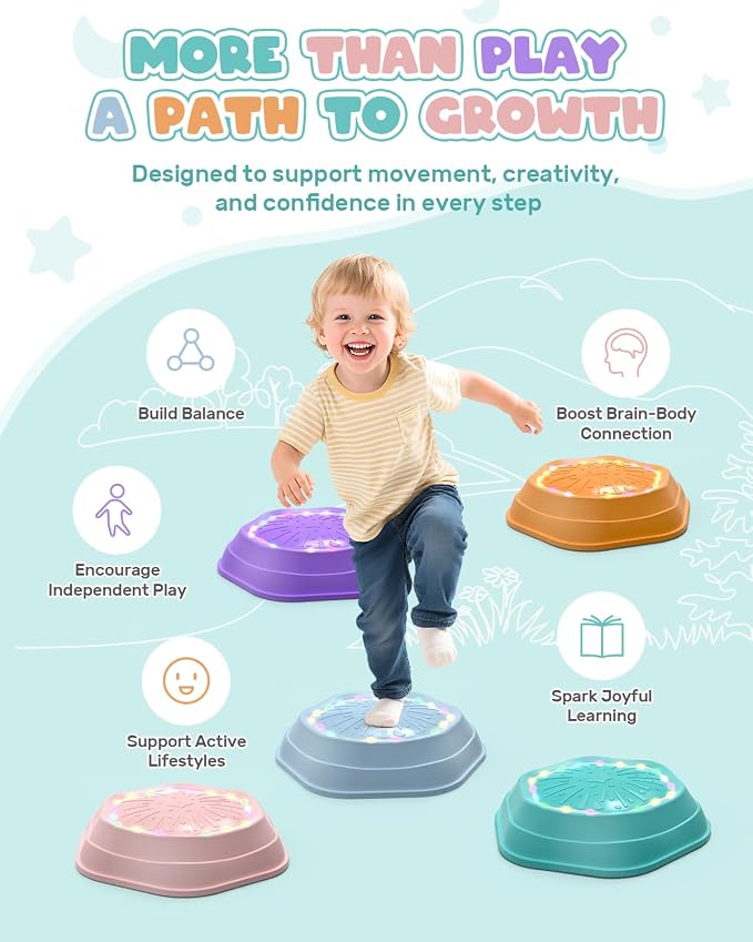 Holyton Musical Light Up Balance Stones for Kids, 5 Pack Sensory Stepping Stones with Rechargeable Batteries, Non-Slip Toddler Balance Toys for Ages 3-8, Indoor Outdoor Active Play, Pink