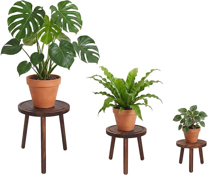 Amdermi 3 Pack Wood Plant Stands Indoor, Mid Century Modern Plant Stool for 6-12 Inch Pots, Tall Small Plant Stand Set for Living Room, Balcony, Office