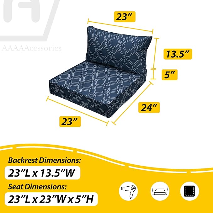 AAAAAcessories Outdoor Seat Cushions for Chairs, Fade-Resistant, Waterproof Patio Furniture Replacement Cushions, 23" x 23" x 5" + 23" x 13.5", Slate Blue Vine Trellis