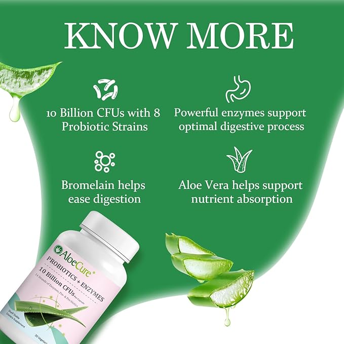 AloeCure Daily Probiotics 10 Billion CFU for Digestive Support 8 Strains, 6 Prebiotics & Enzymes - Digestive Supplement with Bromelain for Women & Men - Gut Support, Digestive Relief, 30 Caps x 2btls