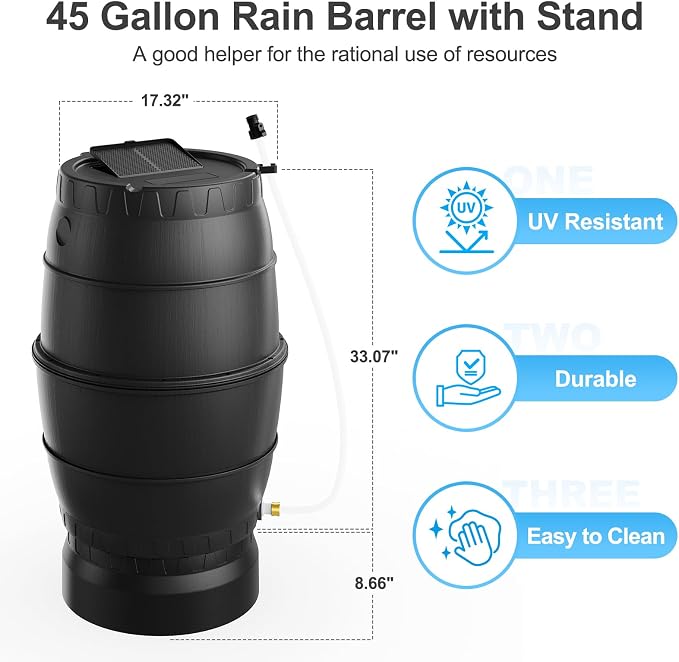 45 Gallon Rain Barrel with Stand for Gutter Rainwater Collection, BPA-Free Water Storage Barrel with Mesh Screen, Spigot and Overflow Valve for Garden Watering and Outdoor Use