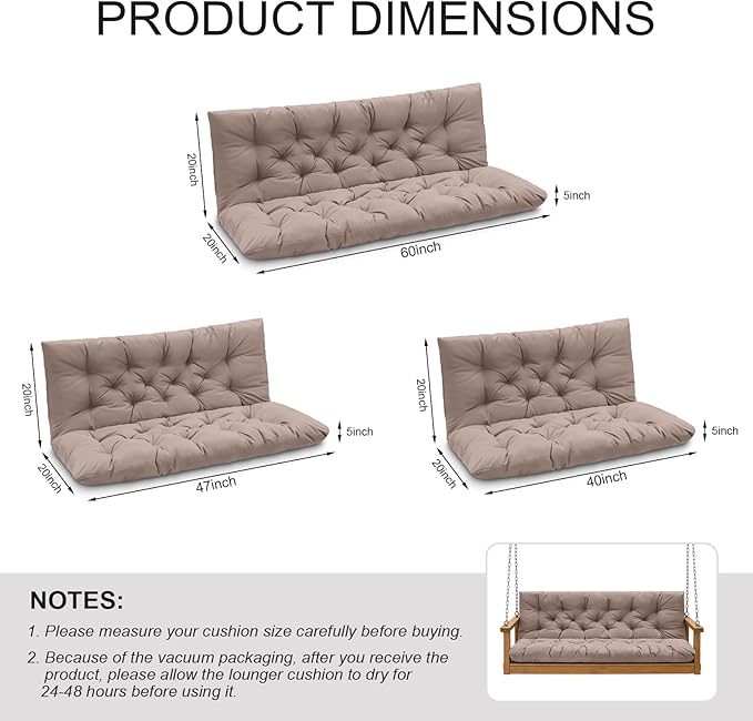 Porch Swing Cushions, Outdoor Swing Replacement Cushions 3 Seater with Backrest, Waterproof Bench Cushion with Ties,for Patio,Porch, Garden,Backyard