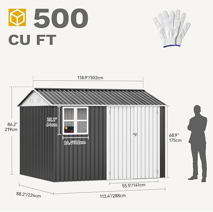 DWVO 10x8ft Metal Outdoor Storage Shed with Window, Lockable Tool Storage Sheds, Oversized Steel Garden Sheds with Sloped Roof for Backyard, Patio, Garage, Lawn (Gray + White)