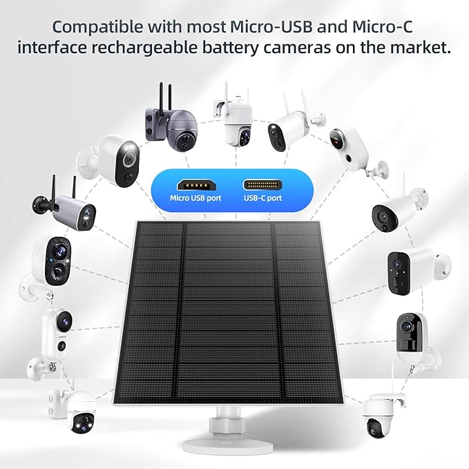 5W Solar Panel for Security Camera, Solar Panel with Micro USB & USB-C Port for DC 5V Outdoor Rechargeable Battery Camera, IP65 Waterproof, 360° Adjustable Security Mount, 9.8ft Cable(White 1PC)