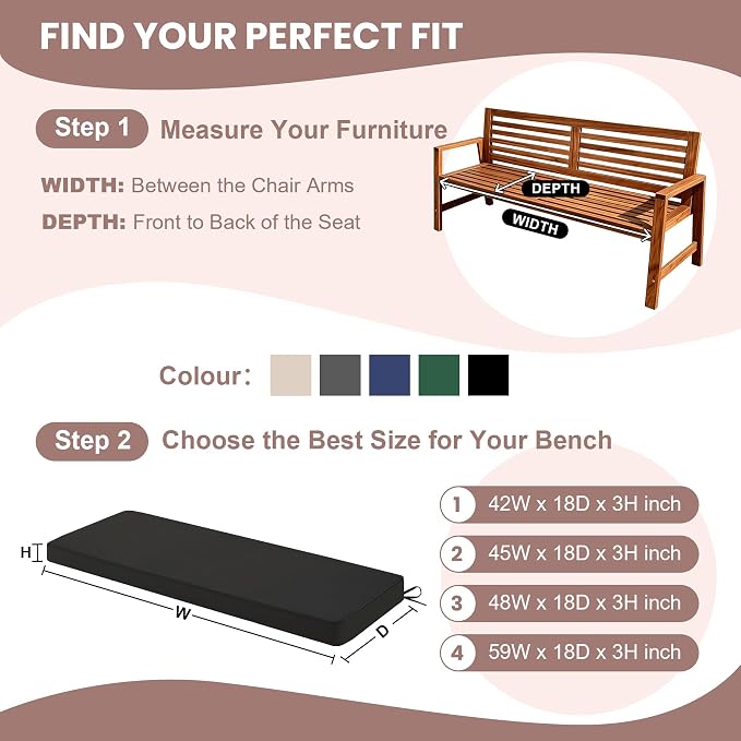 Outdoor Bench Cushions for Outdoor Furniture, 45x18 Inch, Waterproof Patio Furniture Cushion, Fade Resistant Bench Cushions for Porch Swing, Long Bench, Indoor, Black