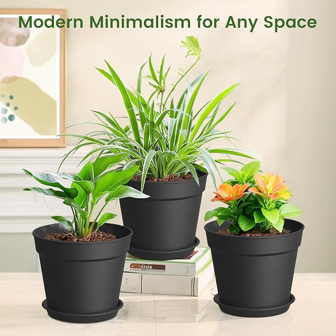 SwinDuck 20 Pack 6 Inch Plant Pots with Drainage and Saucers, Black Plastic Flower Pots for Indoor and Outdoor Plants, Stackable Nursery Planters for Houseplants and Herbs, Black
