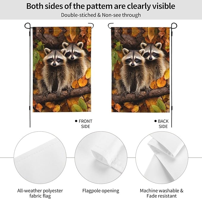Delerain Cute Raccoon Garden Flag, 12.5 x 18 Inch Double Sided Design Weather Resistant Indoor & Outdoor Decoration Small Banner for Home Yard Lawn Patio Office