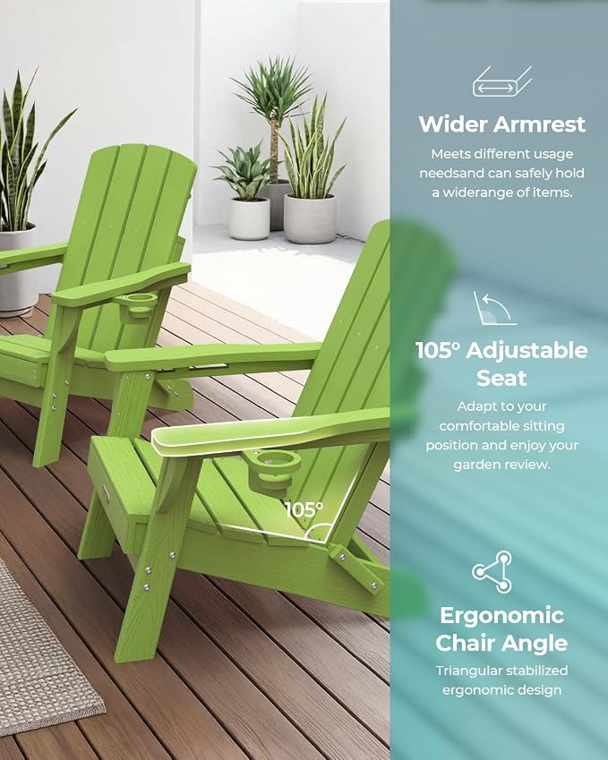 Folding Adirondack Chair Set of 2, HDPE Adirondack Chairs with 2 Cup Holder, Plastic All-Weather Fire Pit Chairs, Outdoor Lawn Chair for Patio Garden (Lime)
