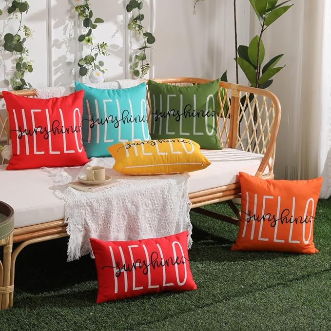 DFXSZ Outdoor Pillow Covers 16x16 Inch Set of 2 Hello Sunshine Decor Olive Green Waterproof Throw Pillow Covers Summer Outdoor Pillow Covers Decor for Patio Funiture Garden Sofa Couch 020G16