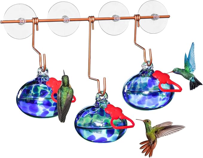 Pozfun Window Hummingbird Feeder with Suction Cups,Hand-Blown Glass Hummingbird Feeders for Outdoors Window Mounted with Metal Hook,Close Bird Watching,Finch in Garden,Yard(Dotted Blue)