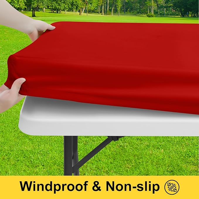 Smiry Picnic Table Cover with Bench Covers, Waterproof Elastic Fitted Polyester Tablecloths for 6 Ft Rectangle Tables, Washable Windproof Tablecloth for Camping, RV & Outdoor (Red, 30x72 Inches)
