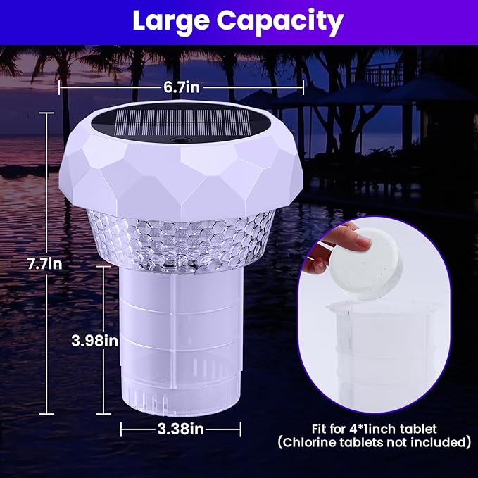 Solar Pool Chlorine Floater with Colorful Lights, Remote-Controlled Lights Adjustable Release Easy-Open Chlorine Floater Dispenser for Pool Large Capacity for 3'' or 1'' Tablets
