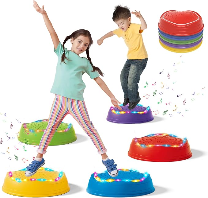 Music Light Up Stepping Stones for Kids Toddler - 5PCS Non-Slip Stackable Plastic Sensory Stepping Stones, Preschool Obstacle Course Balance Board Game, Gross Motor Energy Toys for Indoor Outdoor