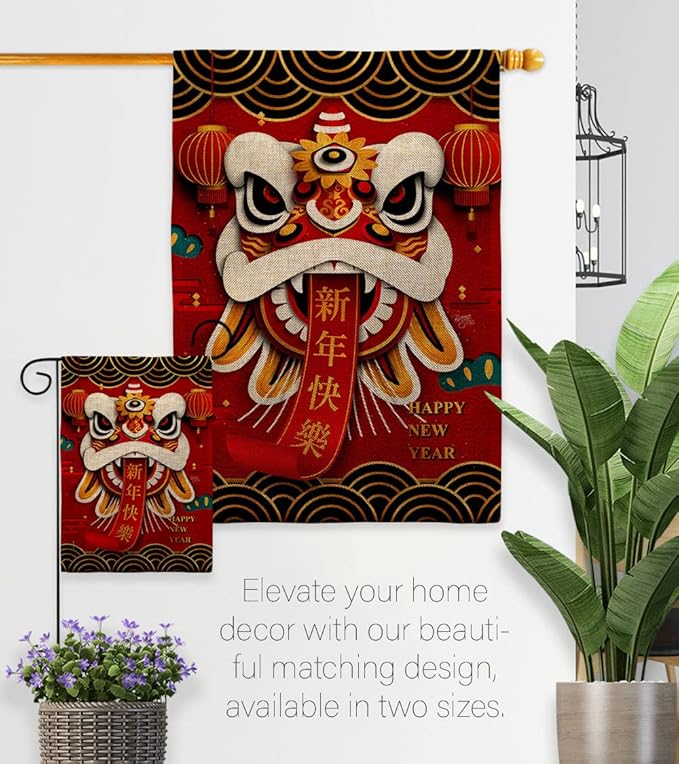 Happy Lion Dance Wall Decor American Flag Banner Pack Patio Garden Patriotic Outdoor Yard Indoor Burlap Tapestry Lunar New Year Gifts Chinese Decorations Made in USA