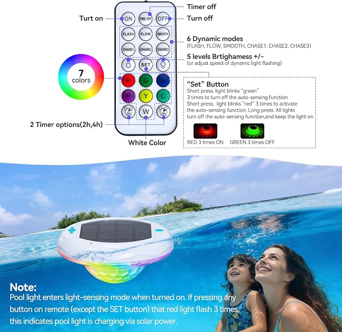 Solar Rechargeable Floating Pool Lights 2 in 1, 6.7 Inch Pool Lights That Float with Remote, 13 RGB Color Changing, Timing Mode, IP68 Waterproof 2600mAh Pool Lights for Inground Pool, Garden 1 Pack