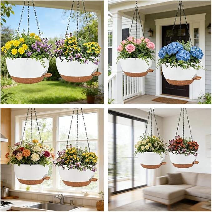 12" Self Watering Hanging Planters with Chains, White Brown, 2 Pack | 43 Oz removable self-watering reservoir, for indoor/outdoor plants, patio & garden