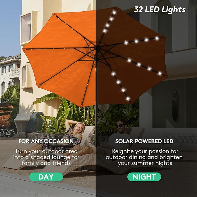 JEAREY 9FT Outdoor Patio Umbrella with Solar Lights, LED Lighted Pool Umbrella with Tilt and Crank, Outdoor Table Umbrellas for Deck, Yard & Market (Orange)