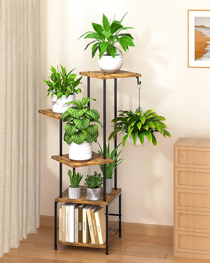 Homsorout Plant Stand Indoor - 5-Tier Metal Plant Shelf with Hanging Basket Hook, Corner Tall Flower Holder for Multiple Plants, Living Room Balcony Garden Patio, Rustic Brown