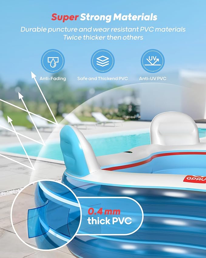 QPAU Inflatable Swimming Pool, Full-Sized Blow Up Pool with Seats and Backrests, Kiddie Pool for Outdoor & Backyard, for Family Summer Time Fun, Clear Blue