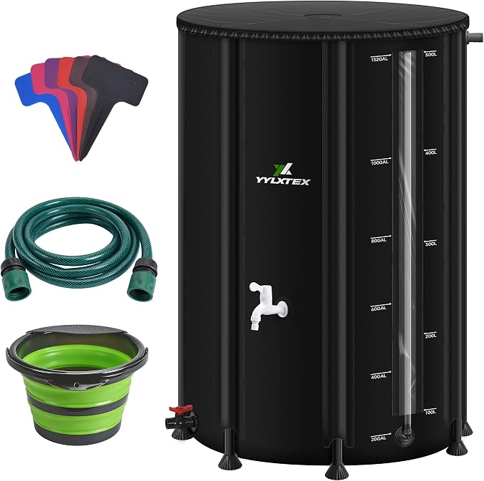 132 Gallon/500L Collapsible RainWater Collection Barrel,Water Tank&Reinforced with 2mm Frame Portable Rain Catcher,Includes Quick-Connect Tap&Sprinkler,Heavy Duty 0.6mm PVC for Long-Lasting Use,Black