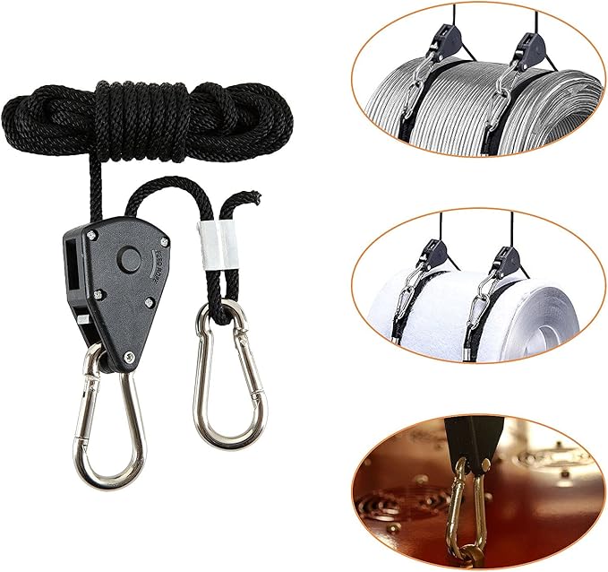 12 Pack Rope Clip Hanger 1/8 Inch 8 FT Adjustable Lifting Pulley Lanyard Hanger with M5 Iron Galvanized Carabiner, Reinforced Metal Internal Gears Ratchets 150lbs Capacity, Black