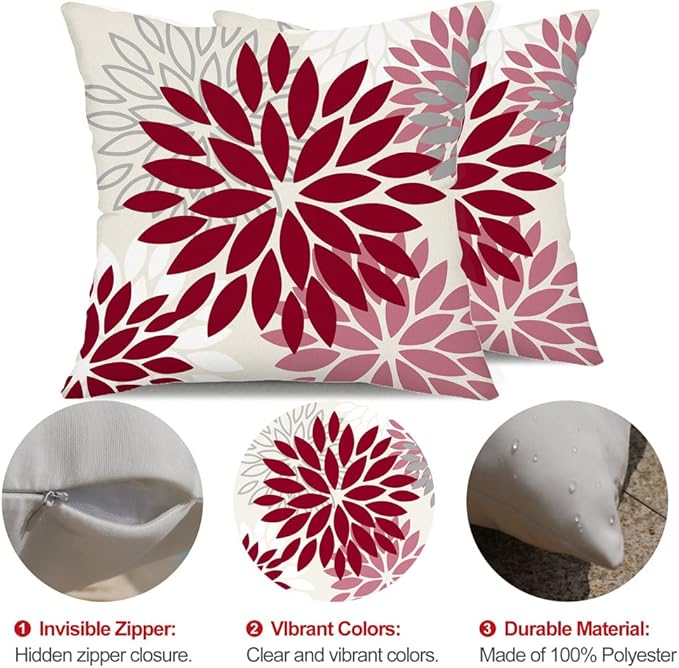 DFXSZ Wine Red Pink Flower Pillow Covers 18x18 Inch Set of 2 Outdoor Throw Pillows Outdoor Waterproof Decor for Living Room Sofa Patio Funiture Garden Floral Polyester Pillow Covers 002R18