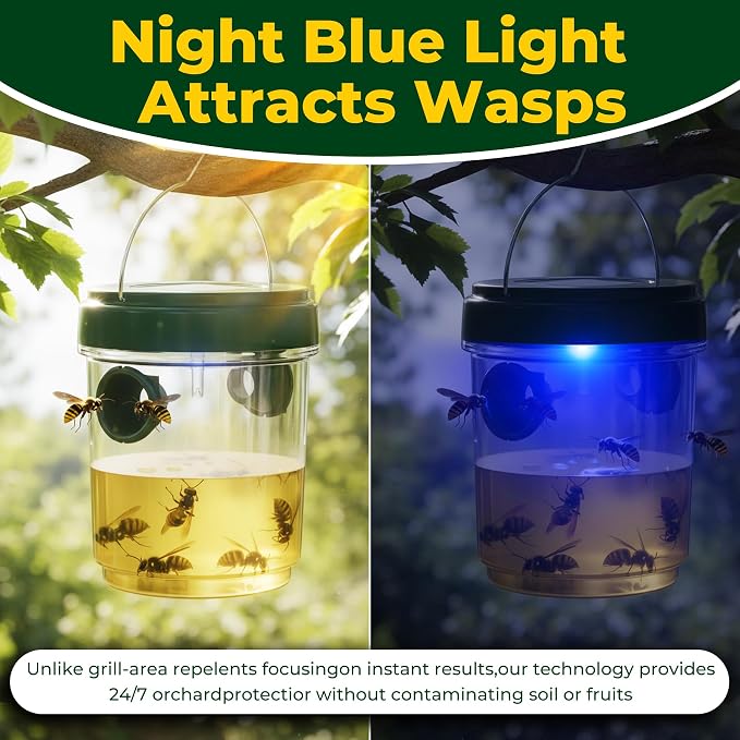 Wasp Trap Outdoor Hanging 4 Pack, Solar Powered Reusable Wasp & Yellow Jacket Trap with LED Light, Carpenter Bee Catcher for Patio, Backyard & Garden