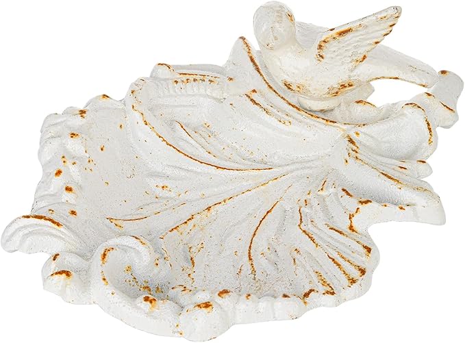 Sungmor Cast Iron Bird Feeder Dish, Rustic White Small Bird Feeding Tray, Decorative Leaf-Shaped Outdoor Bath Bowl Food Container for Garden, Patio or Yard