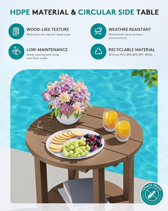 SERWALL Round Outdoor Side Table Set of 2, HDPE Small Adirondack Double End Table, Brown