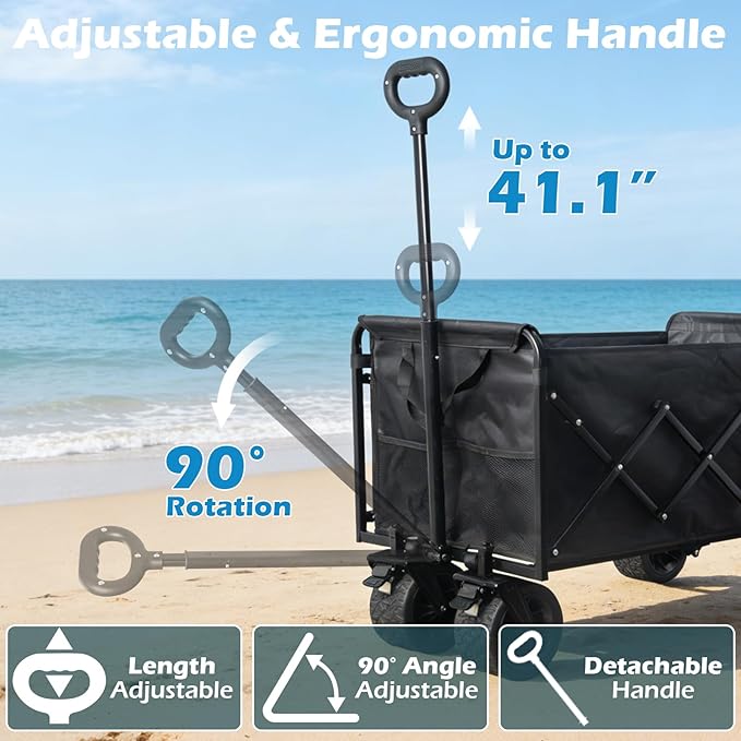 600LBS Beach Wagons Carts Foldable for Sand, Heavy Duty Collapsible Wagon with Brakes & All-Terrain Big Wheels, Large Foldable Folding Wagons for Beach Camp Sports Grocery, Portable