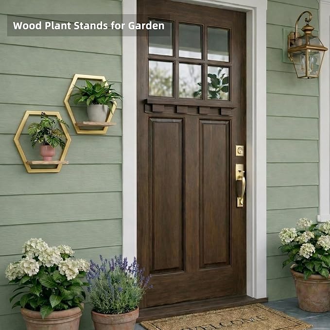3 Pack Natural Wood & 25 LB Load Metal Wall Plant Holders, 9 inch Solid Wooden Shelf, Mid Century Hanging Planter for Indoor Plants Golden