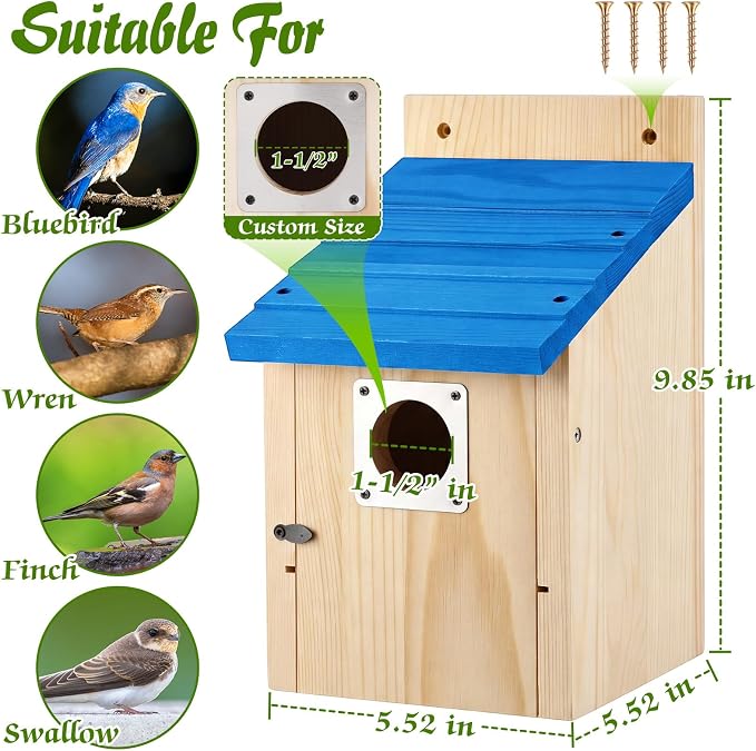 Dreyoo 4 Pack Bluebird Houses for Outside with Metal Predator Guard, 1-1/2" Entrance Hole Wooden Blue Bird Houses for Outdoors, Bluebird Nesting Box(Blue Roof, Wood Body)