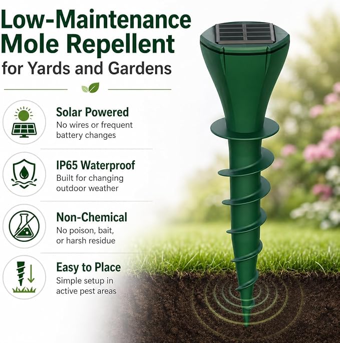Solar Powered Mole Repellent Stakes, Ultrasonic & Vibration Deterrent for Moles, Gophers & Voles, IP65 Waterproof Outdoor Pest Repeller for Yard, Lawn & Garden, 4 Pack