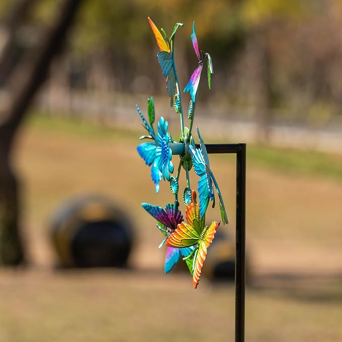44" Butterfly Wind Spinners Garden Whirligigs, Flower Butterfly Wind Sculpture Yard Art Decorations for Lawn, Patio & Yard & Garden Decor, Metal Wind Spinners Outdoor Decor