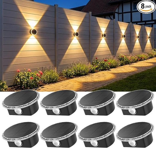 Ellasay Solar Fence Lights Outdoor: 360° Circular Lighting Solar Powered Wall Lights 12 Hours Long Runtime Up and Down Waterproof IP65 & 3 Modes High Brightness LED Focus Lens for Fence/Yard - 8 Pack