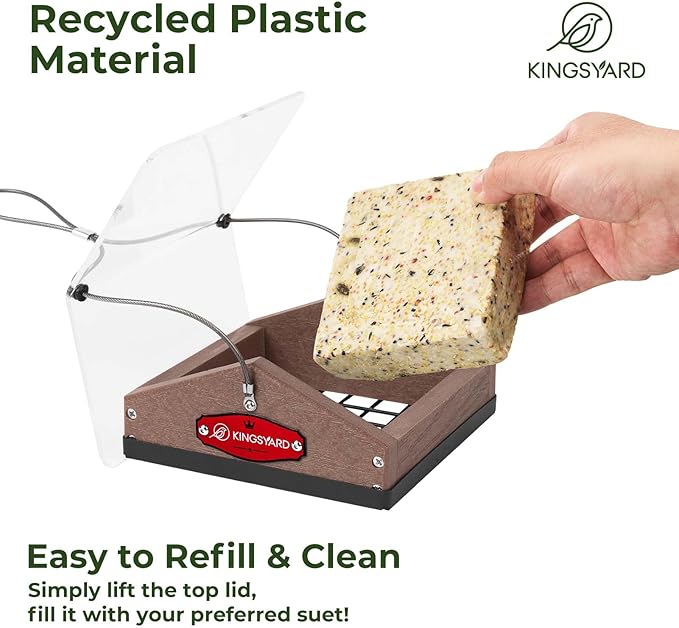 Kingsyard Upgraded Upside Down Suet Feeder for Outside Hanging - Recycled Plastic Wild Bird Feeder with Rainproof Roof for Attracting Woodpeckers Nuthatches Chickadees Finches. Brown