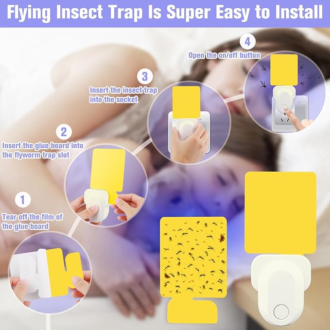 Flying Insect Trap Plug-in, Indoor Mosquito & Gnat Killer, Safe Non-Toxic UV Light Fly Catcher, Night Light Bug Trap with Sticky Pad for Flies, Gnats, Moths (2 Pack, Ivory)