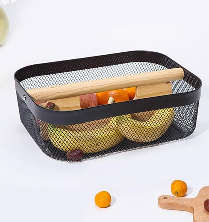 AJIODA Metal Mesh Steel Storage Basket, Garden Harvest Wire Organizer Basket Multi-functional Kitchen Fruit Basket with Wooden Removable Partition & Handle for Bathroom Picnic Decor Cabinet, Black
