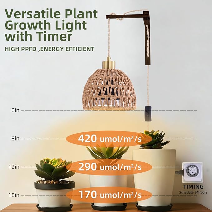 Hanging Grow Lights for Indoor Plants - 35W 4000K Full Spectrum Plant Light, Wall Mounted Grow Light with Wooden Bracket, Timer, 15FT Power Cord, Ideal for Plants, Flowers & Home Decor