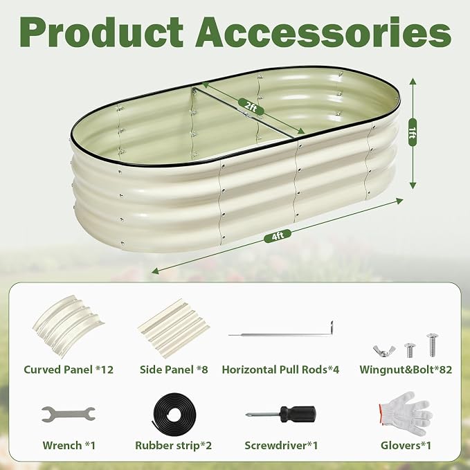 2 PCS Galvanized Raised Garden Bed 4x2x1 Ft, Oval Metal Outdoor Planter Box Kit with Safety Rubber Edge, Easy Assemble Bottomless Large Planting Container for Vegetable, Flower, Fruit, White