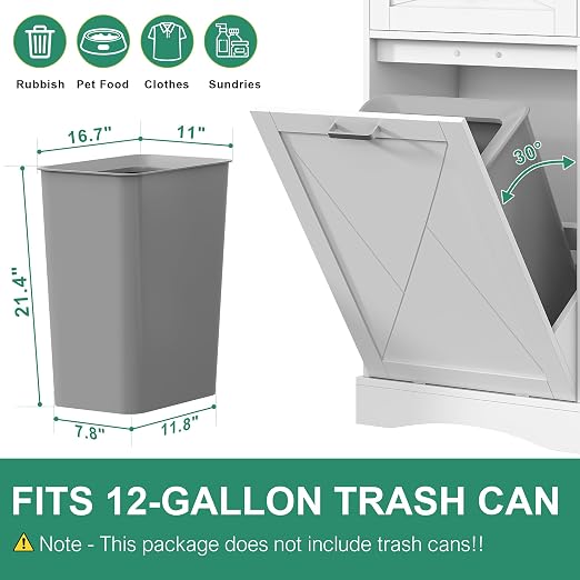 kepptory Tilt Out Trash Can Cabinet 12 Gallon, Pull Out Trash Can Storage Cabinet with 2 Drawers & Countertop, White Kitchen Cabinet with Adjustable Shelf, for Kitchen Pantry, Modern Farmhouse