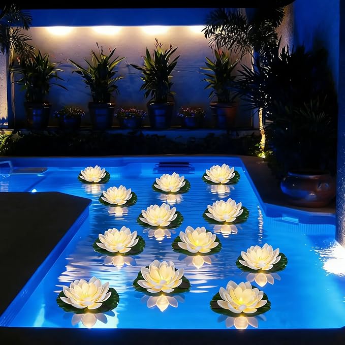 12 PCS Solar Floating Lotus Pool Lights - 7.09'' Waterproof Floating Flower with Light, Solar Water Activated Pool Lotus Lamp for Garden Pond Wedding Party Decoration (White)