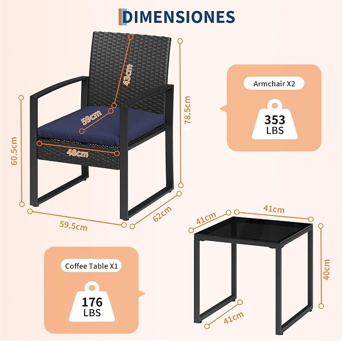 Garvee 3 Pieces Patio Bistro Set, PE Rattan Patio Conversation Set with Tempered Glass Coffee Table, Outdoor Wicker Furniture for Patio Garden Balcony Backyard, Black and Blue