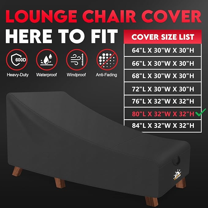 Zettum Outdoor Lounge Chair Cover 2 Pack - Waterproof Patio Chaise Lounge Chair Cover, 600D Fade-Resistant Outdoor Seating Covers For Pool Lounge Chair, Lawn Bench Furniture 80 x 32 x 32 Inch